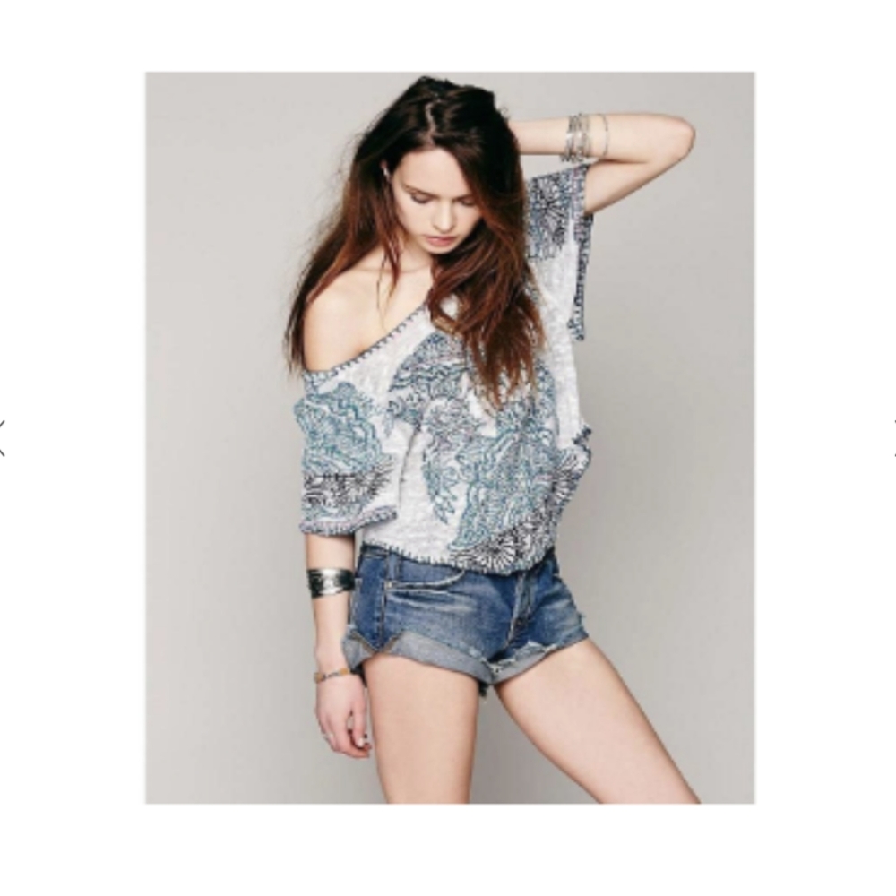 Free People White Tee with Blue Paisley Print